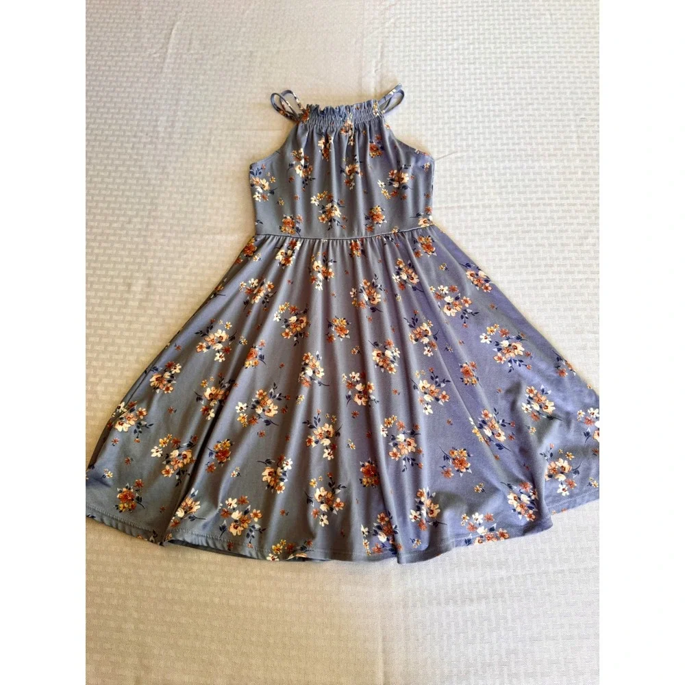 Walking On Sunshine Girls Blue Floral Halter Dress Size M Boho Cottagecore‎